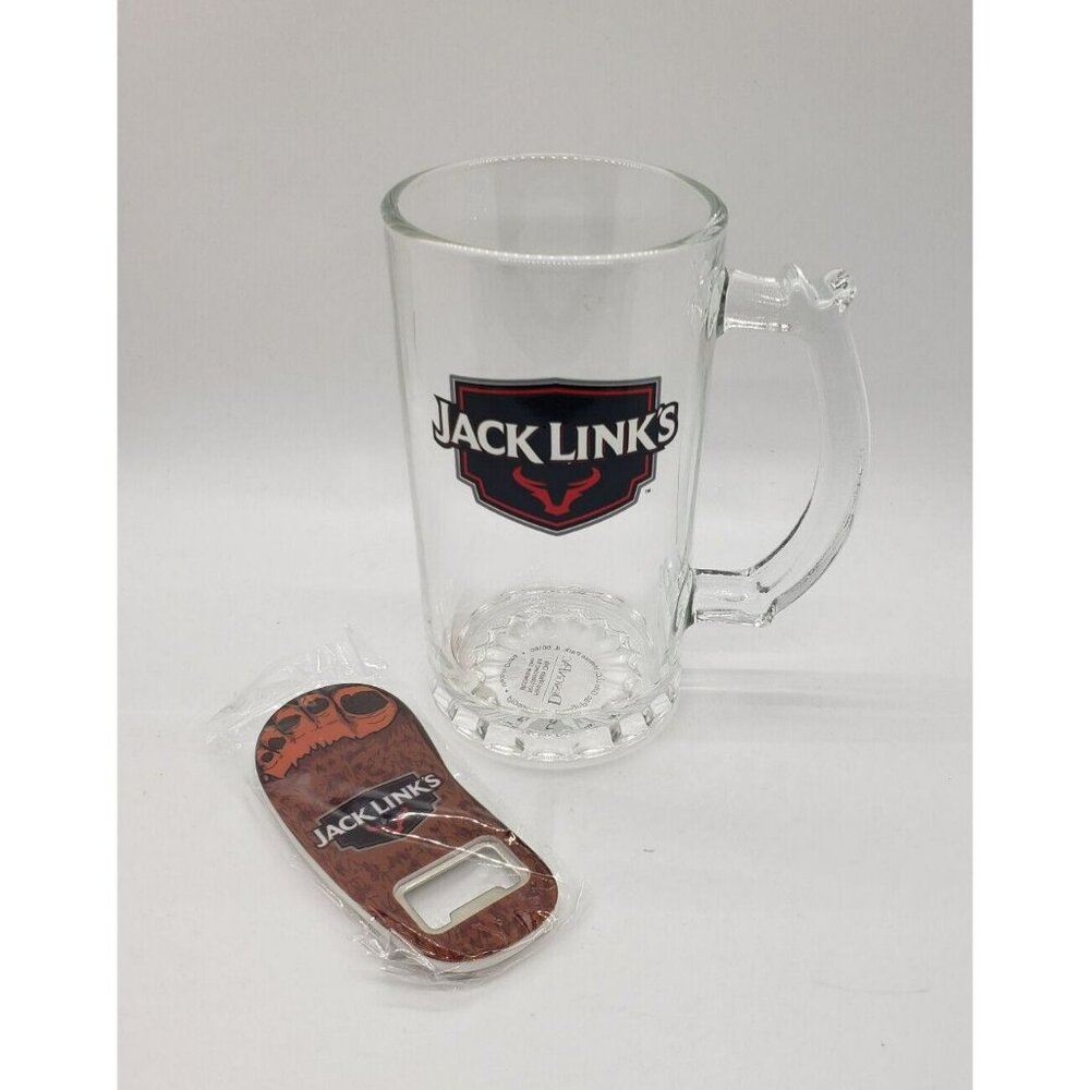 Jack Links Beer Mug & Bottle Opener Set, Clear Glass, Beef Jerky Advertising